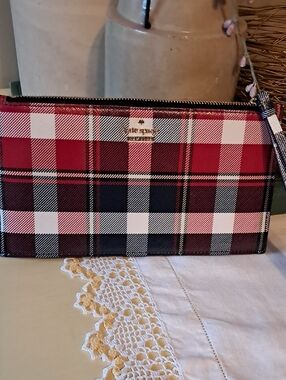 Kate Spade Red, Black & White Plaid Wristlet